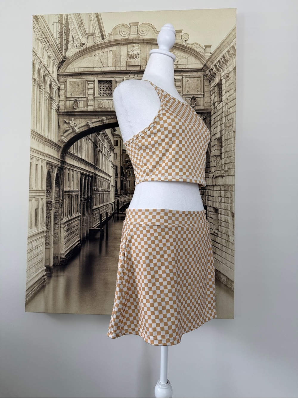Like New Checkerboard Halter Crop Top & Skirt Set - Beige - Picture 9 of 16